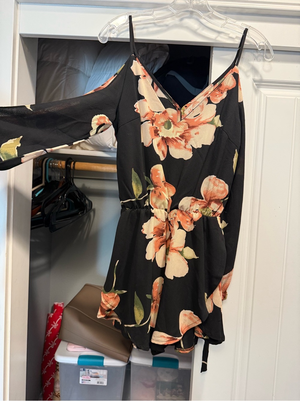 Black Floral Cold-Shoulder Romper with Peach Blooms